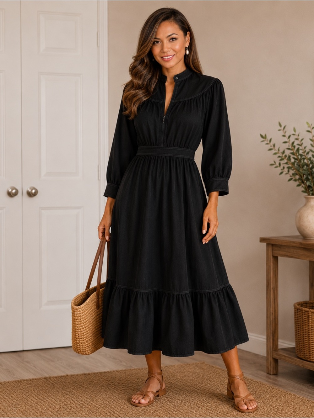 Polo by Ralph Lauren Black Midi Dress with Mandarin Collar